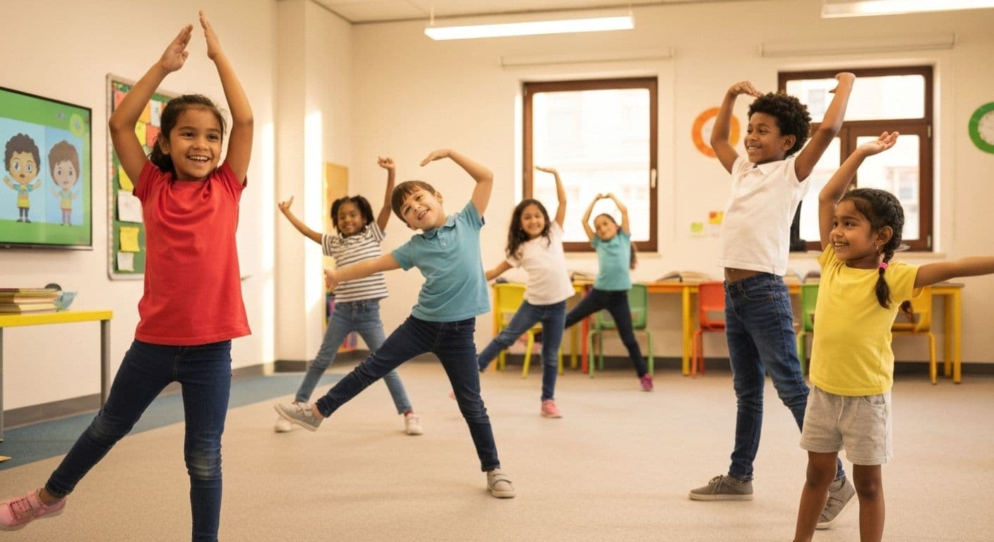 Elementary students practicing GoNoodle mindfulness through movement-based activities in classroom