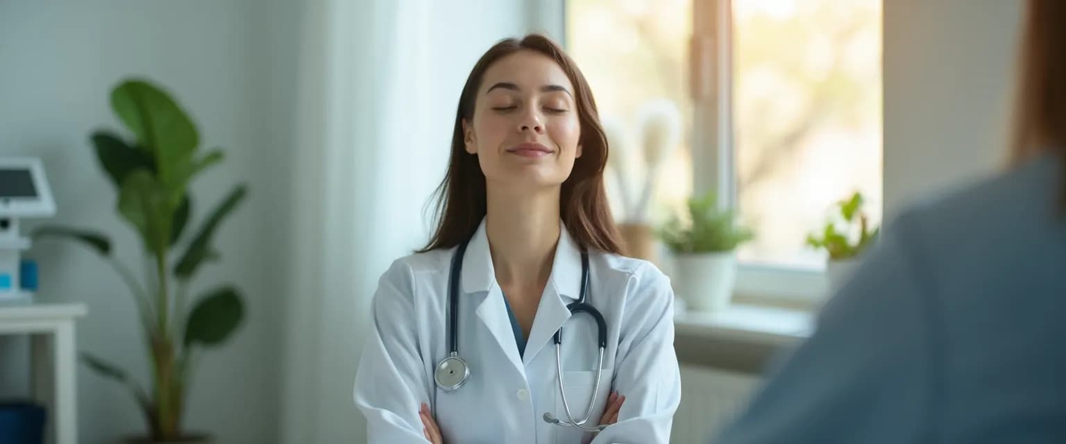 Medical professional practicing 5-minute grounding techniques to manage anxiety between patient visits