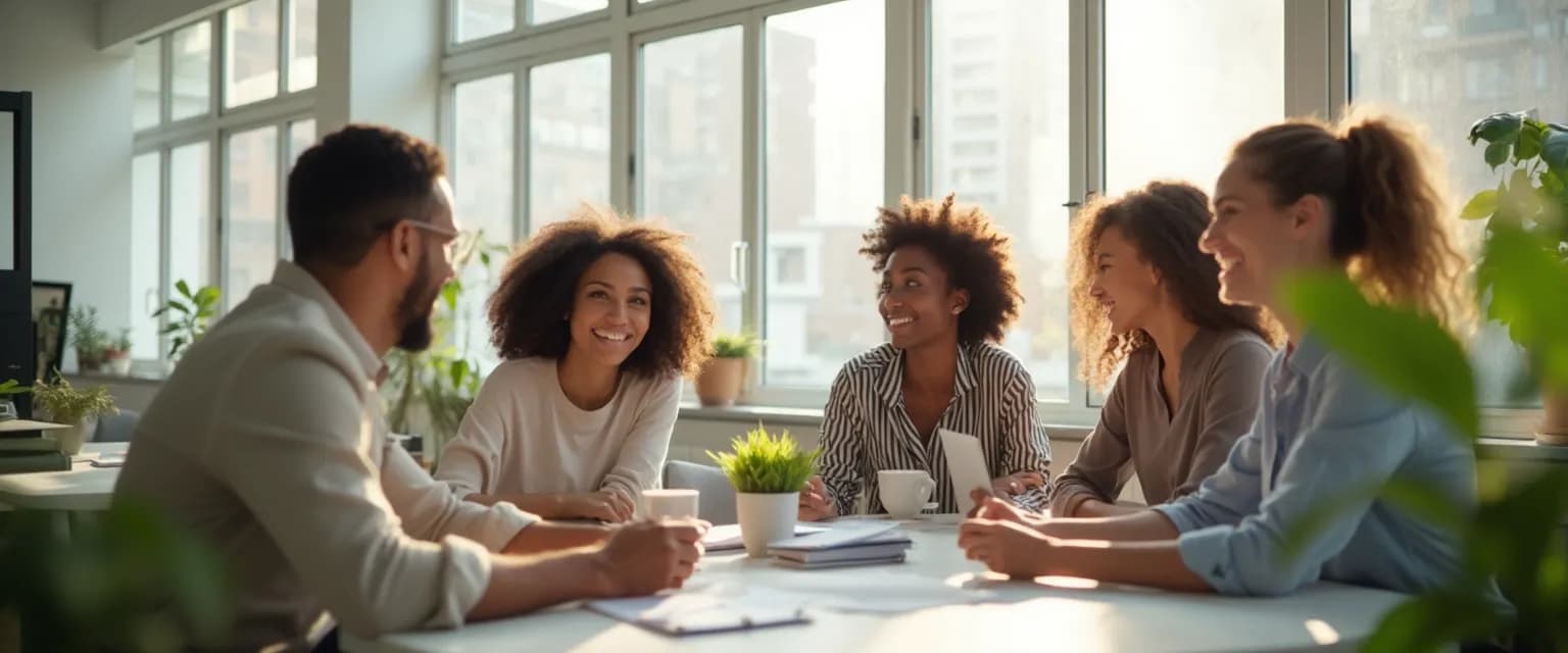 Professional smiling in workplace experiencing authentic happiness and satisfaction