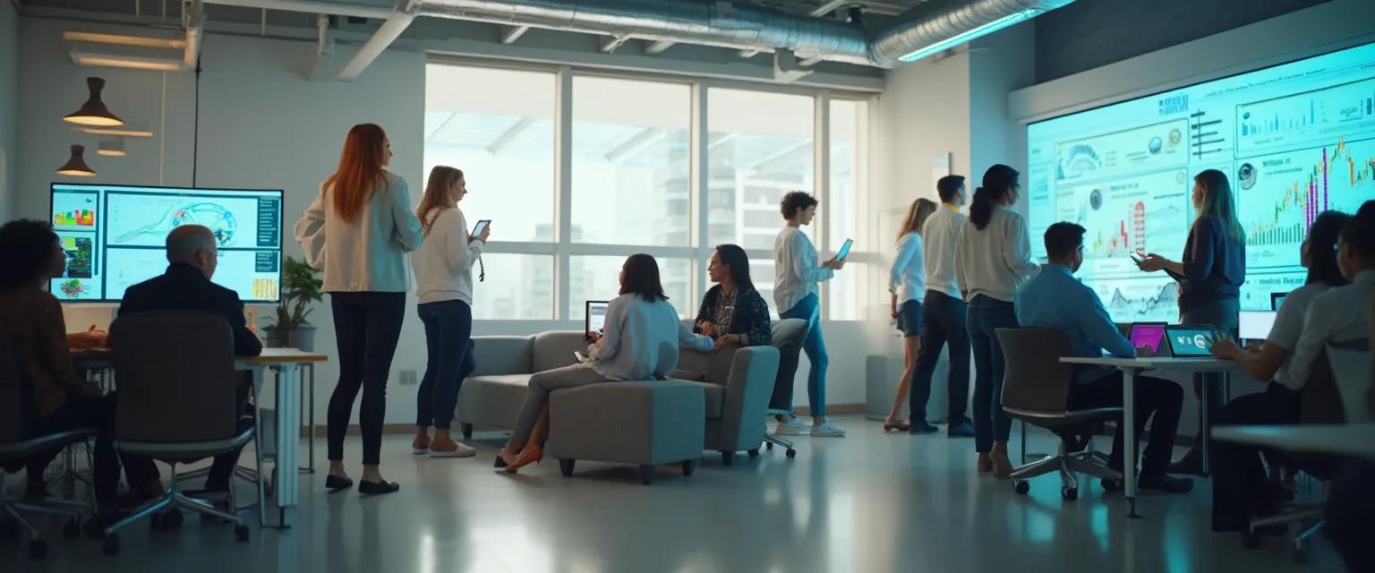 Team members collaborating to increase awareness in workplace without meetings