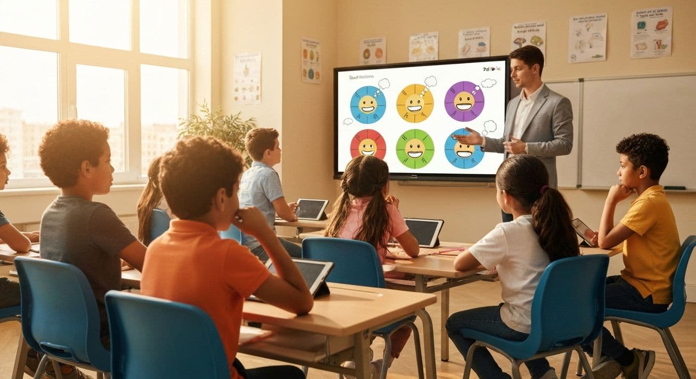 Teacher presenting self awareness PowerPoint to engaged students in classroom setting
