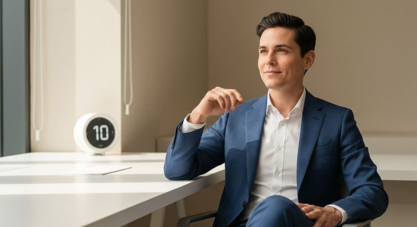 Busy professional practicing mindfulness at desk with calm, focused expression