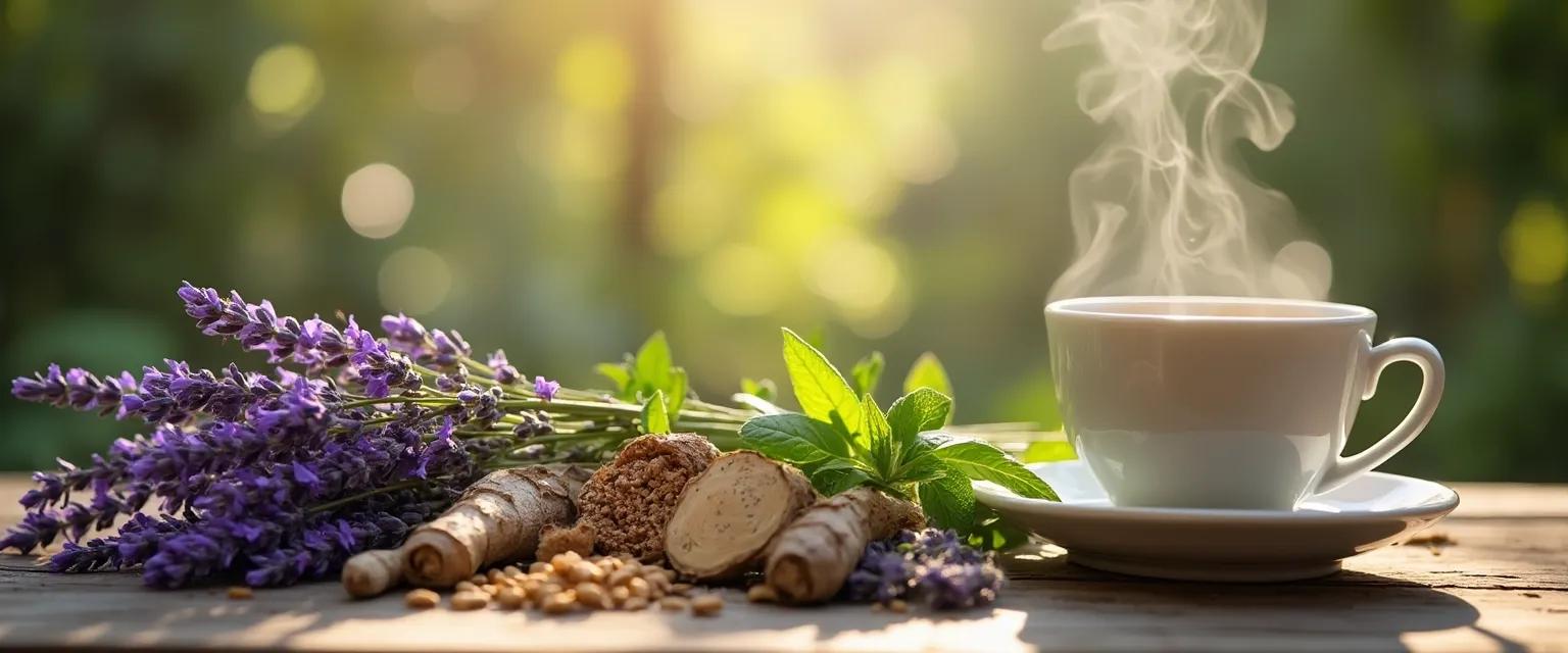 Collection of natural anti anxiety plant remedies including lavender, chamomile, and ashwagandha