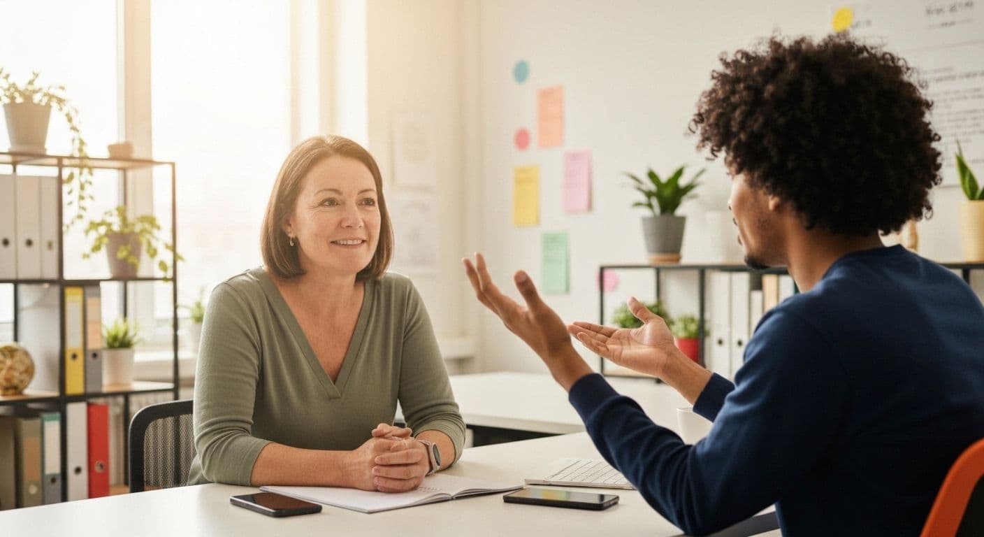 Professional developing self-awareness soft skills through mindful conversation and emotional awareness in workplace setting