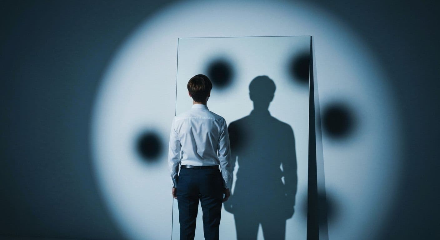 Person looking at mirror reflection discovering self awareness insight and hidden blind spots