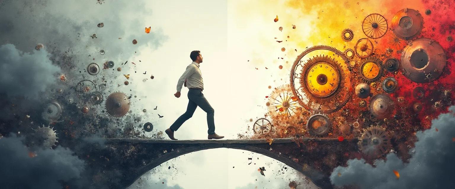 Person stepping through doorway, symbolizing life transition and personal growth, overcoming procrastination