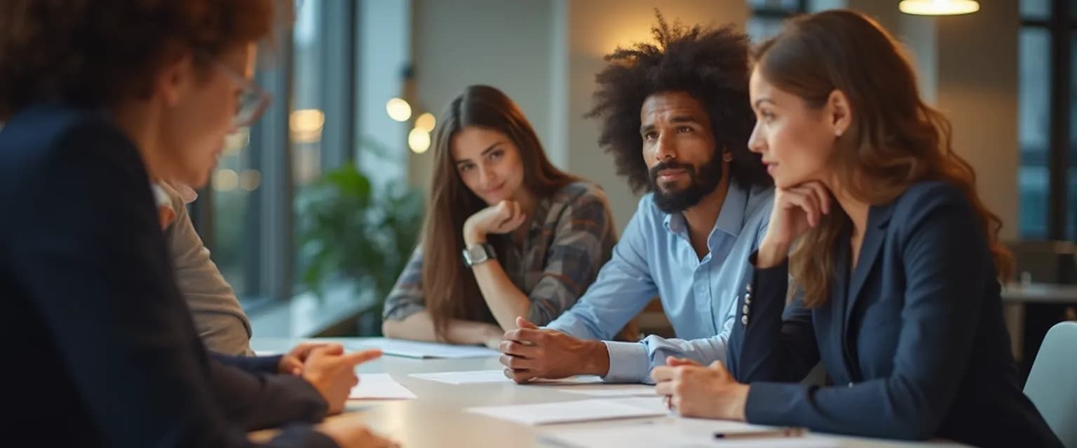 Professional developing self-awareness in listening skills during workplace meeting