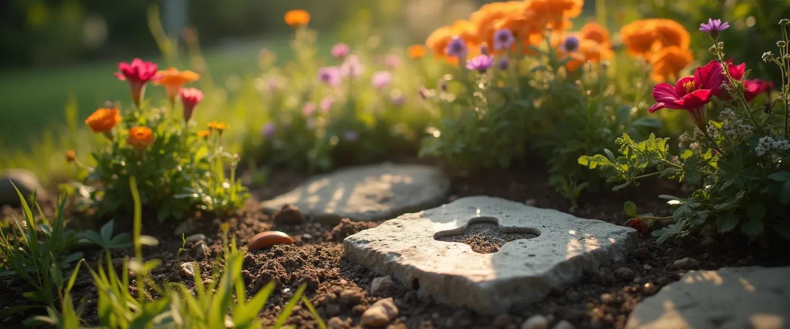 Memory garden with flowers and personalized marker for coping with loss of cat
