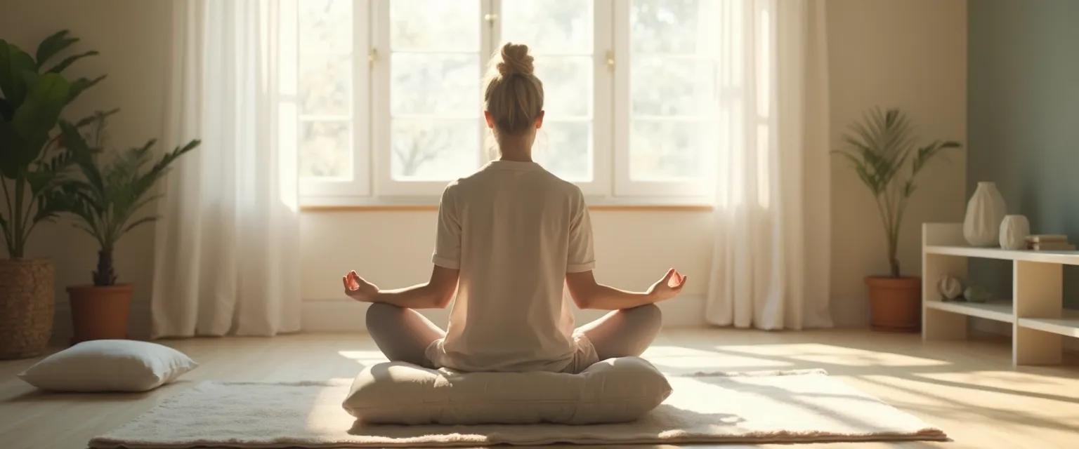 Person practicing mind meditation in a comfortable seated position with a peaceful expression