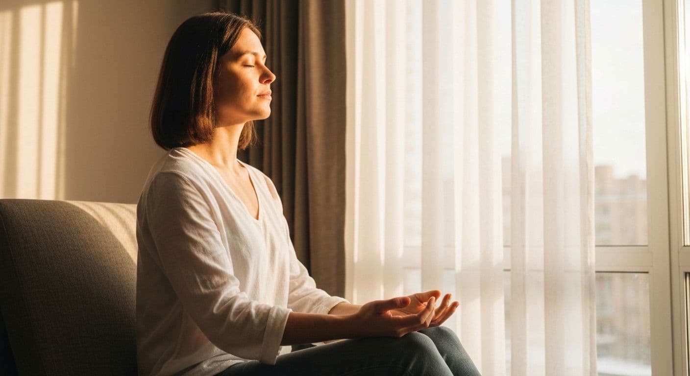 Person practicing mindful awareness while washing dishes in bright kitchen