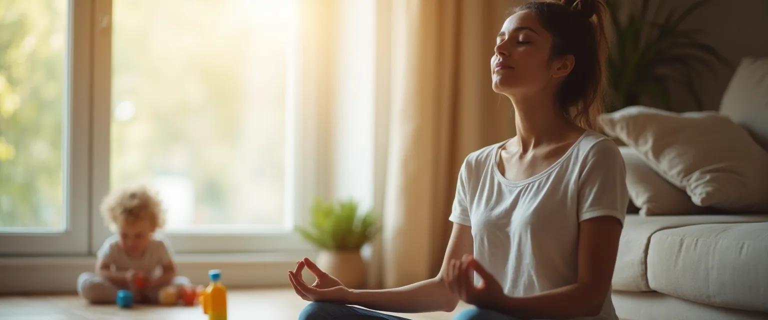 Parent practicing 5-minute mindfulness meditation exercises during morning routine