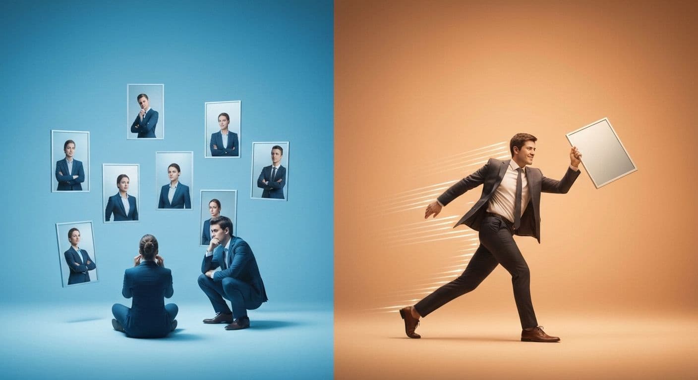 Person standing at crossroads paralyzed by excessive self awareness and overthinking decisions