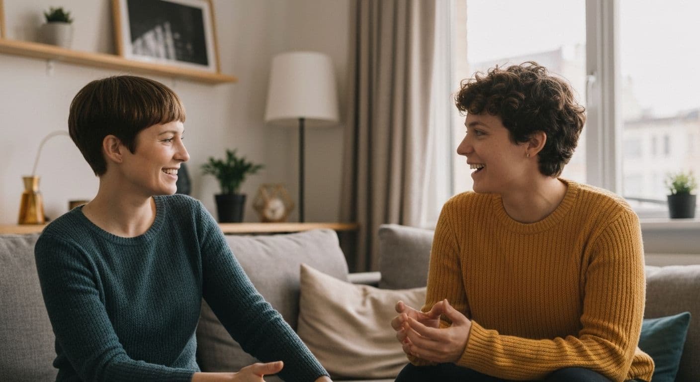 Two friends having a supportive conversation about what to say to a bereaved friend using questions instead of statements