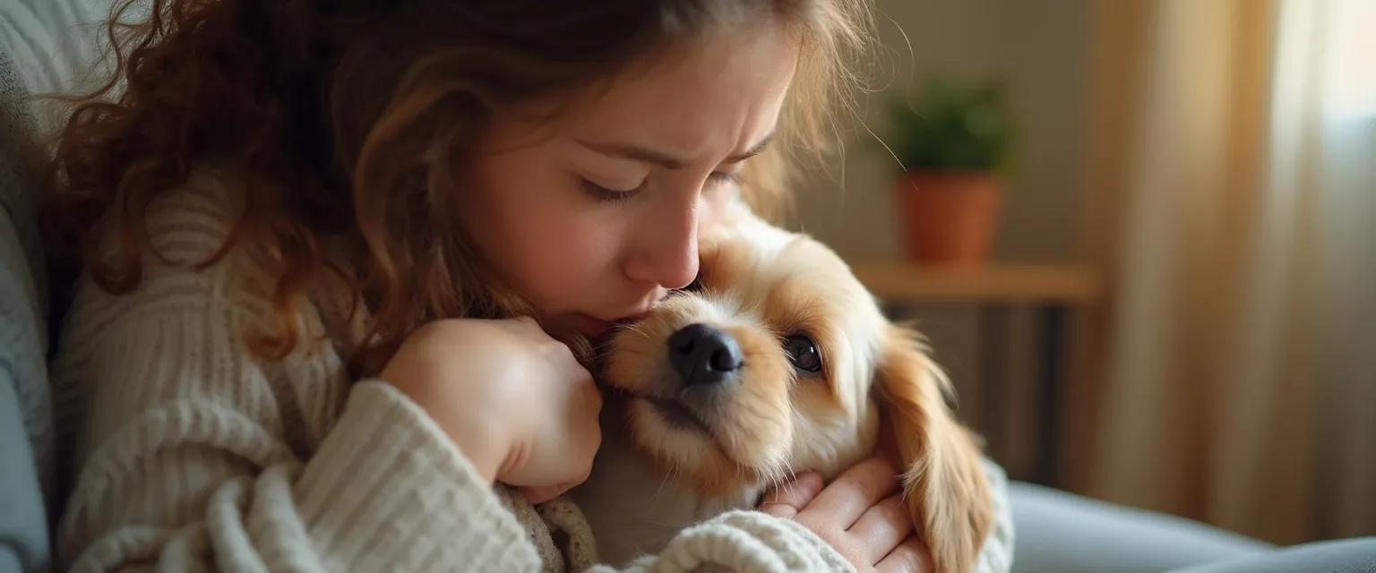 Person experiencing heartbreak grief finding comfort with their pet companion
