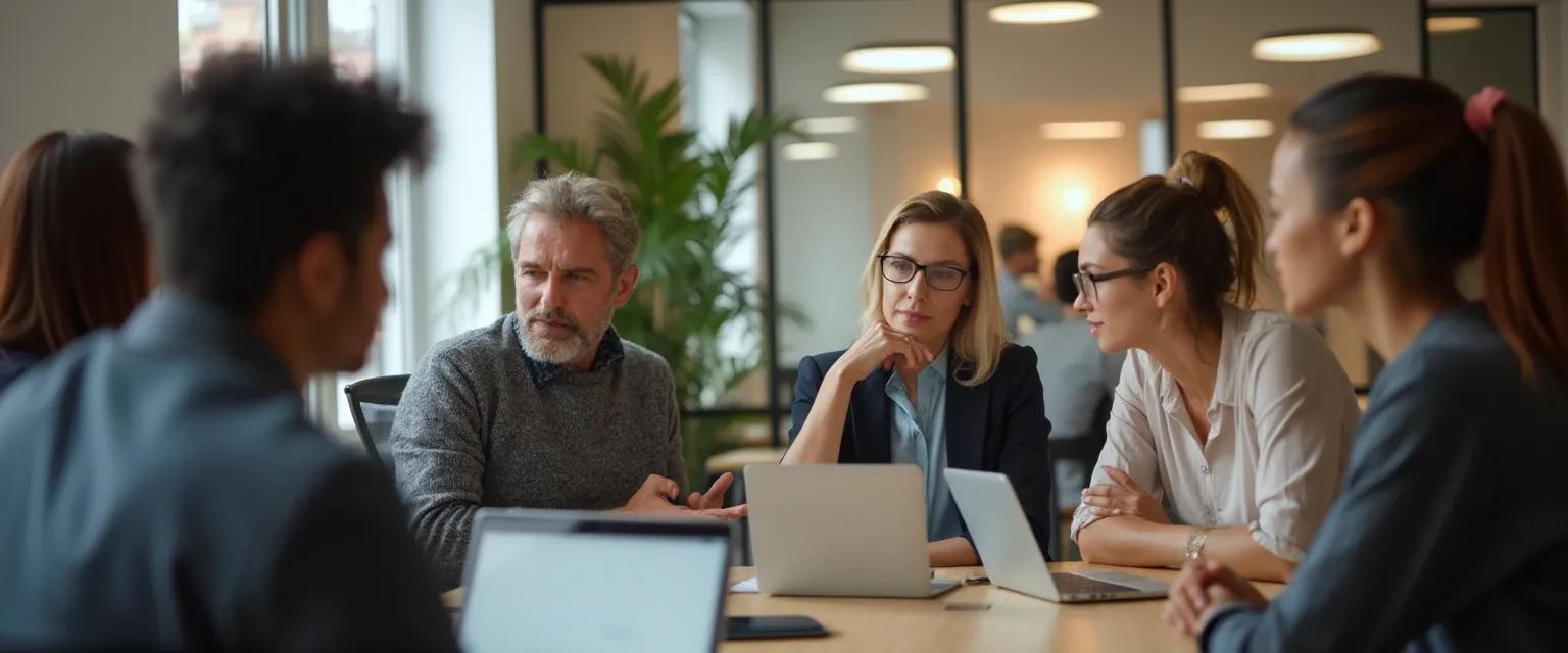 Manager facilitating emotional intelligence development in workplace team meeting