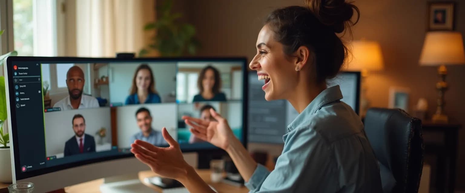 Professional displaying confidence in virtual collaboration during a remote team video call