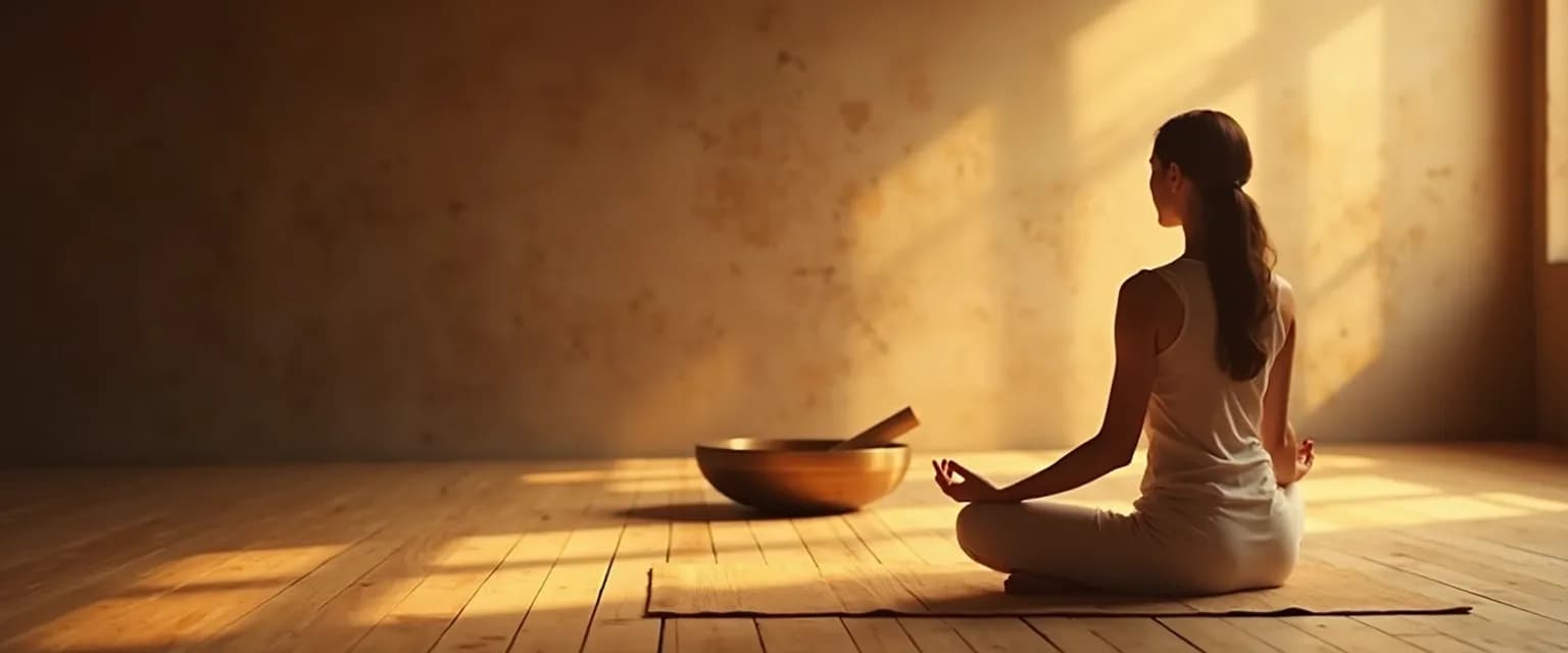 Person practicing sound healing techniques for mind balance with singing bowls