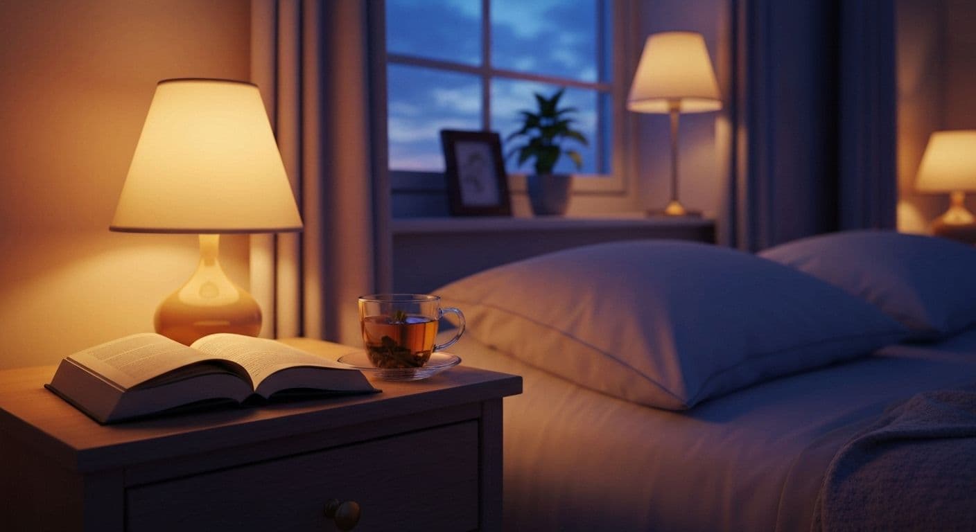 Person creating peaceful evening routine to calm the mind before sleep with dimmed lighting