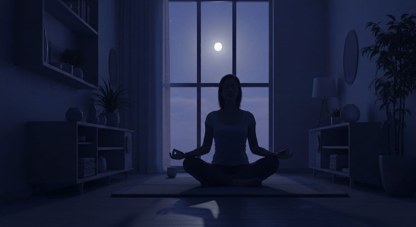 Person practicing Sam Harris guided meditation in peaceful evening setting for better sleep