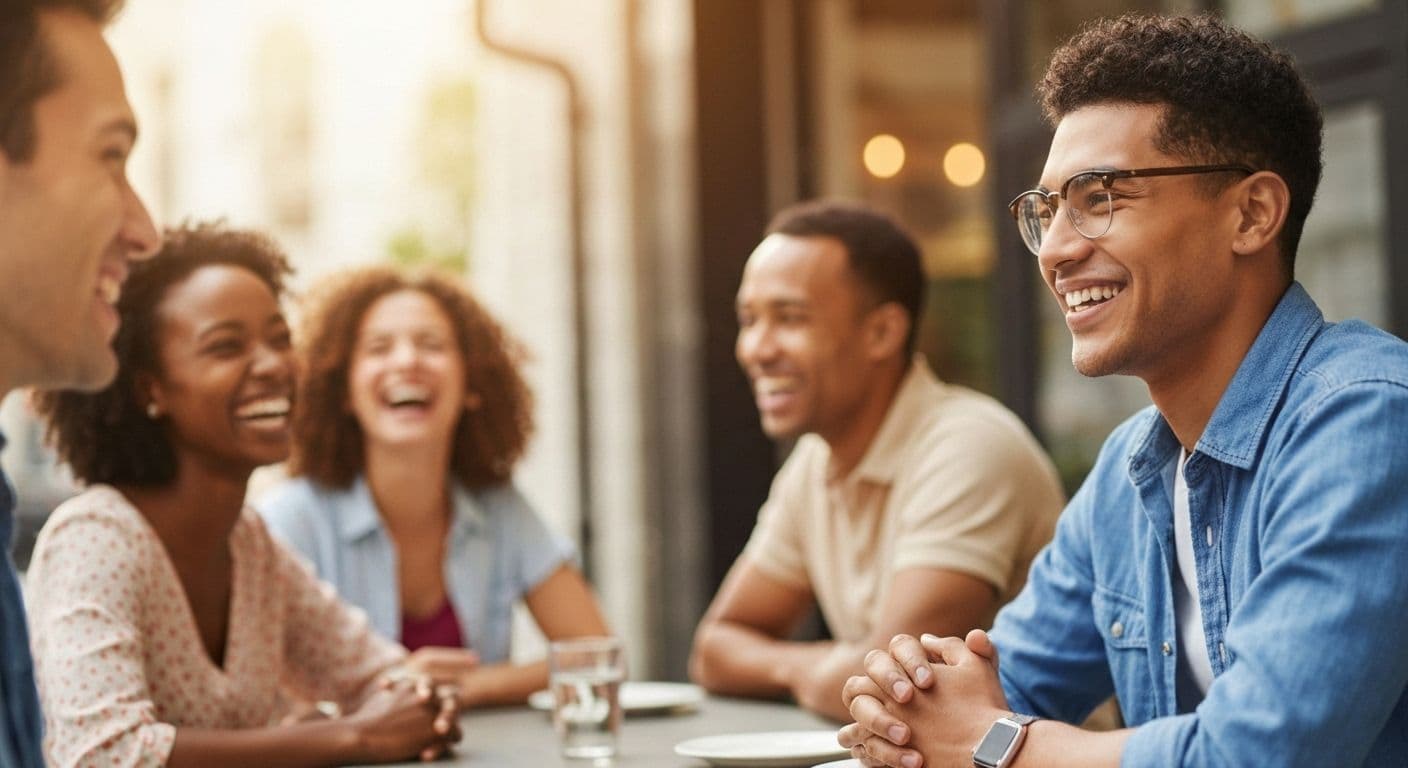 Person confidently engaging in conversation demonstrating emotional intelligence post breakup in social setting