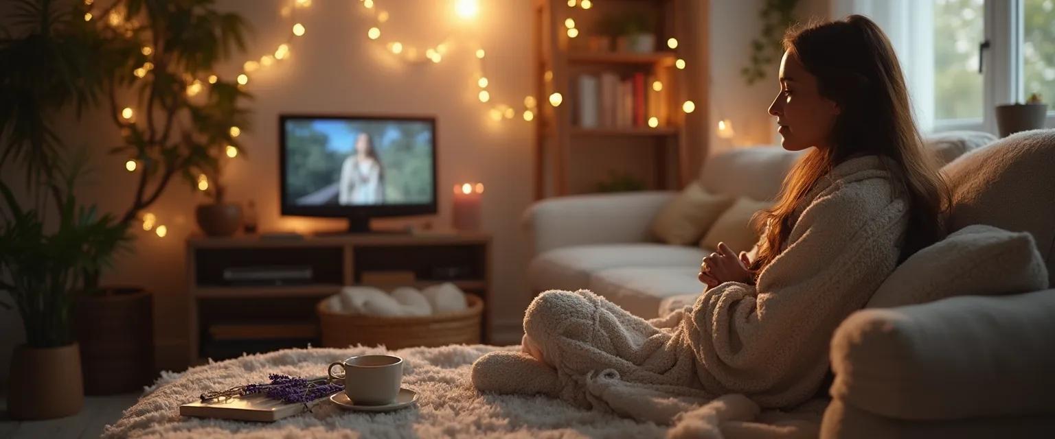 Person practicing mindfulness while watching Netflix, demonstrating intentional self-care