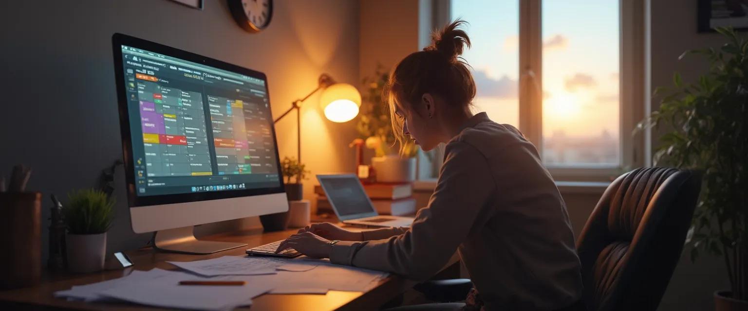 Creative professional overcoming procrastination at desk with organized workspace