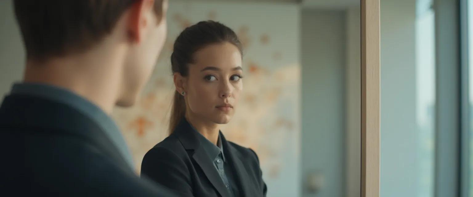 Professional looking in mirror representing self awareness professional development