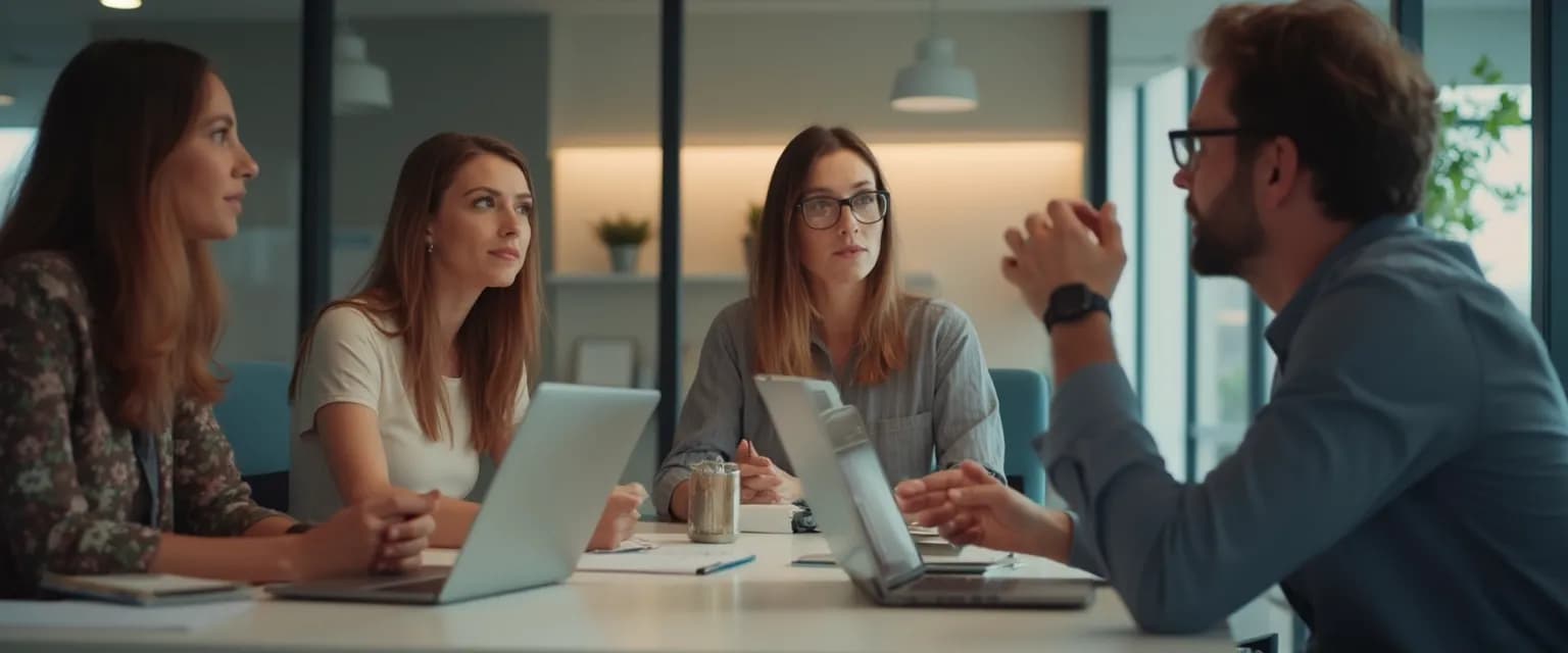 Professionals demonstrating awareness of others through attentive communication in a workplace meeting