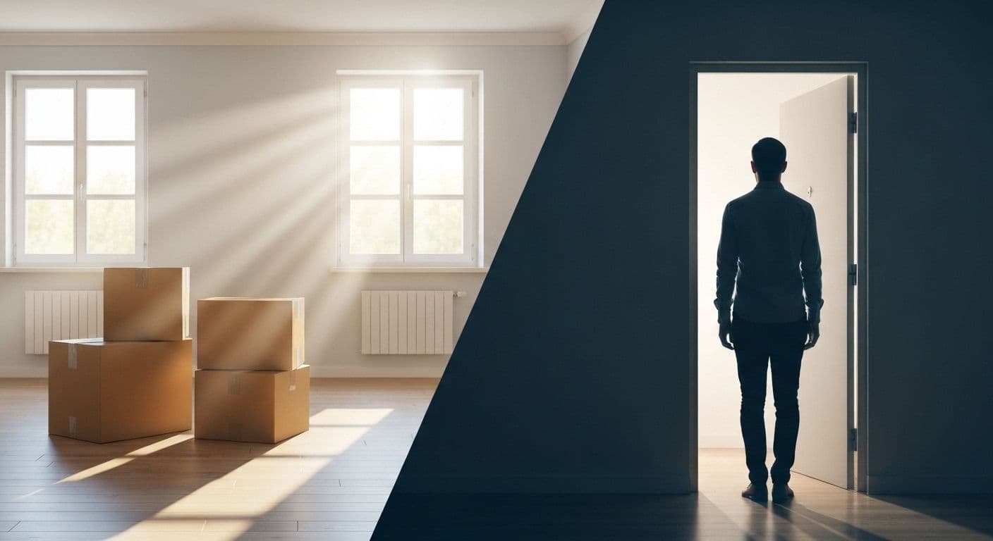 Person standing in empty apartment doorway contemplating moving decisions after r breakups