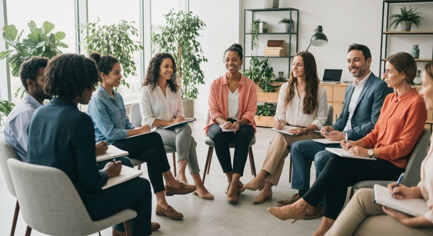 Team members engaged in self awareness group workshop facilitated by leader creating psychological safety