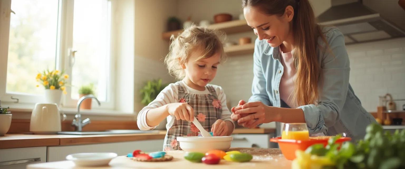Parent and child cooking together while teaching self-awareness through kitchen activities