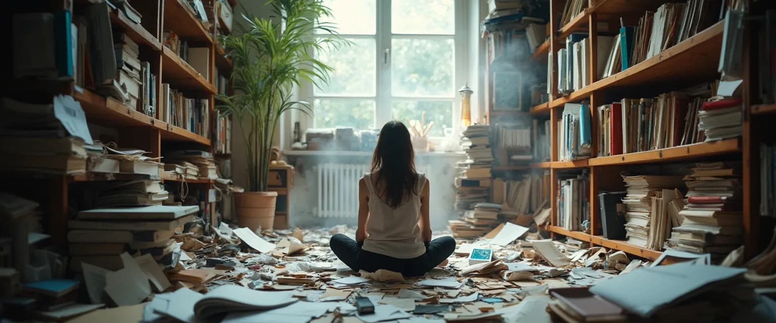 Person breaking free from the procrastination in home organization cycle by organizing a cluttered desk