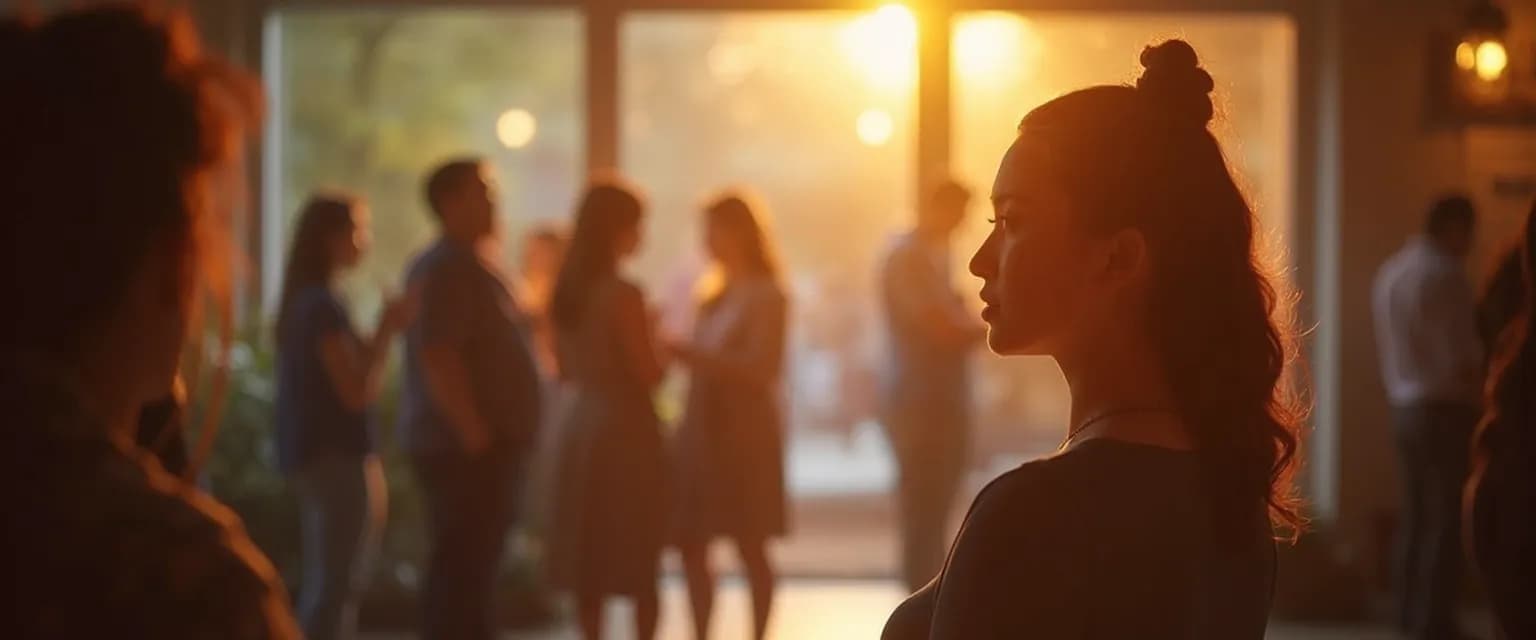 Person practicing anxiety and social reintegration techniques in a post-pandemic gathering