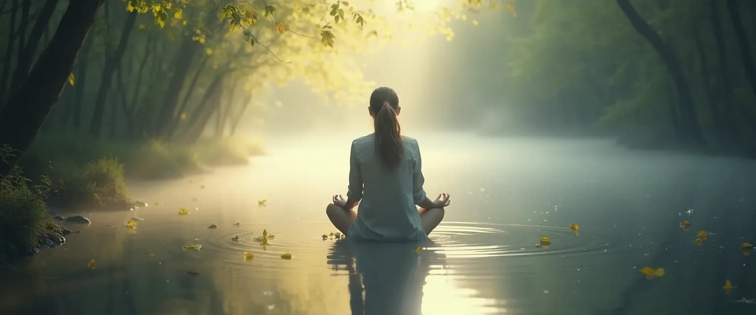 Person practicing a calming grieving meditation technique in a comfortable home setting