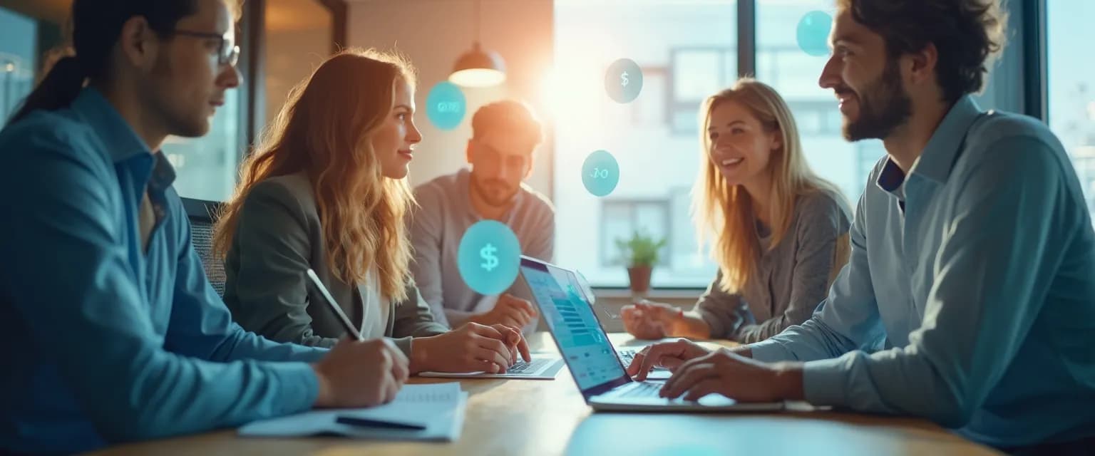 Small business team collaborating using HRM apps on mobile devices