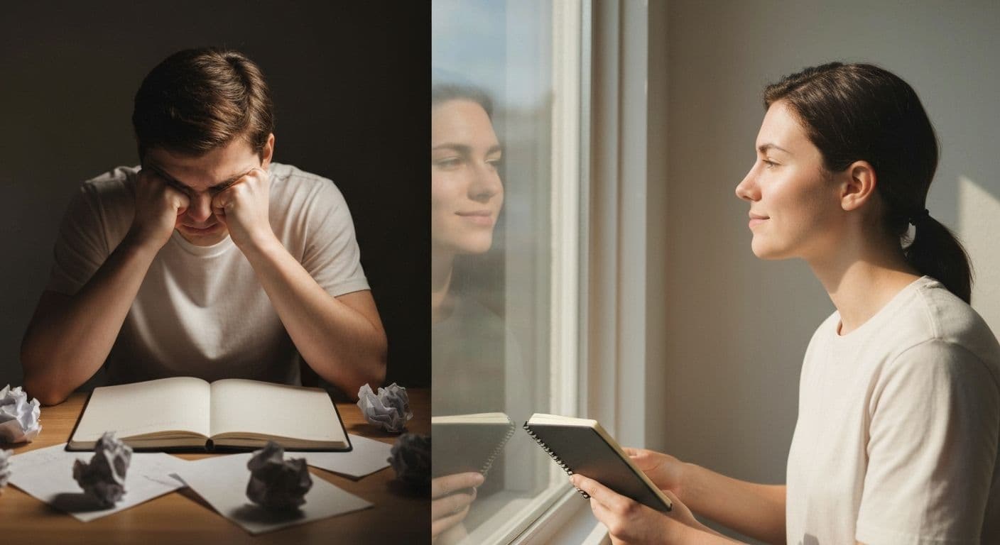 Person reflecting peacefully during natural self-awareness points throughout their day
