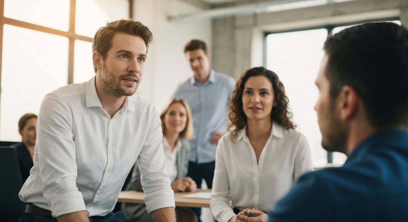 Person observing group dynamics and practicing social awareness EQ skills in professional setting