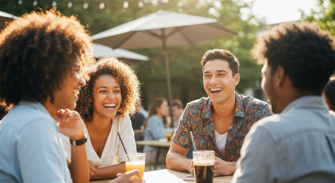 Person confidently connecting with friends while going through a breakup and rebuilding their social circle