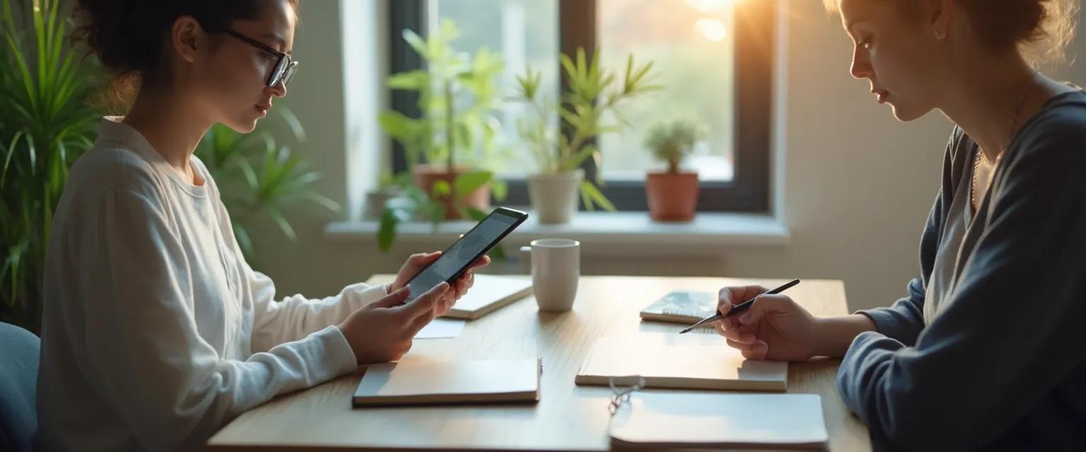 Tech professional comparing digital and paper mindfulness journal options for improved focus