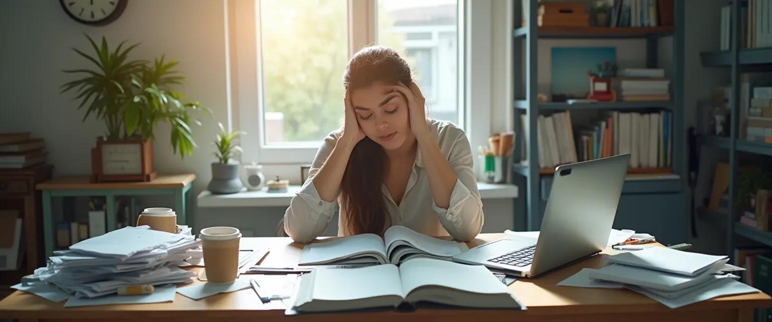 Graduate student overcoming procrastination in graduate studies at desk with research materials