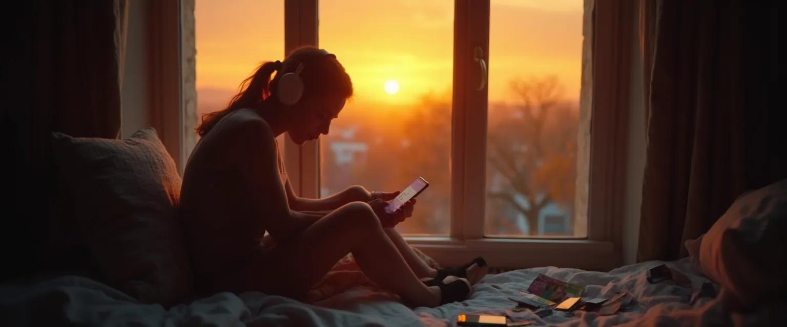 Person with headphones listening to notes on a heartbreak playlist during emotional recovery