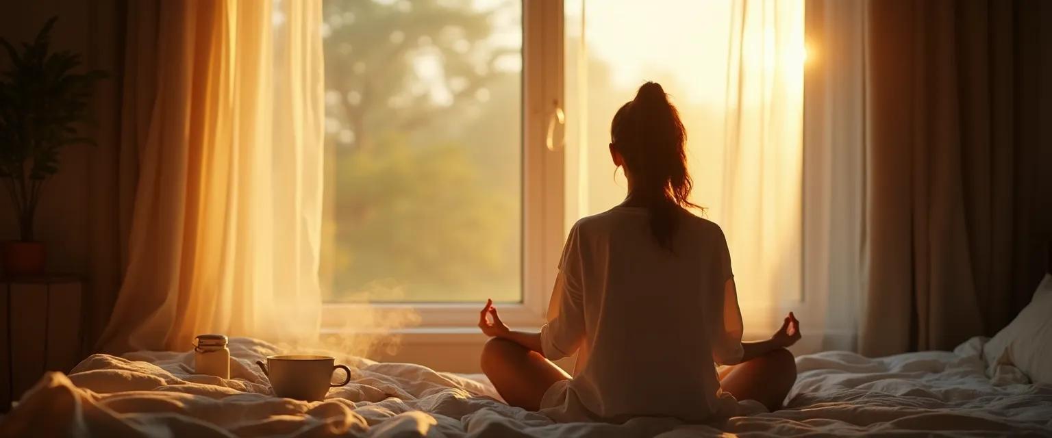 Person practicing morning mindfulness for depression while still in bed