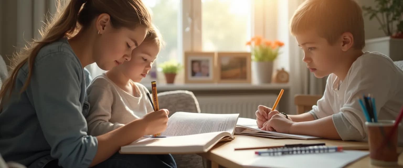 Child using a guided grief journal with supportive parent nearby