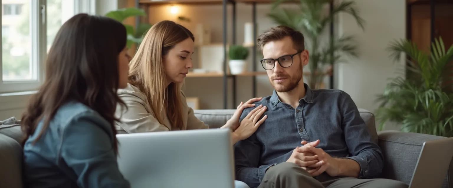 Colleagues engaged in supportive grief sharing conversation in office setting