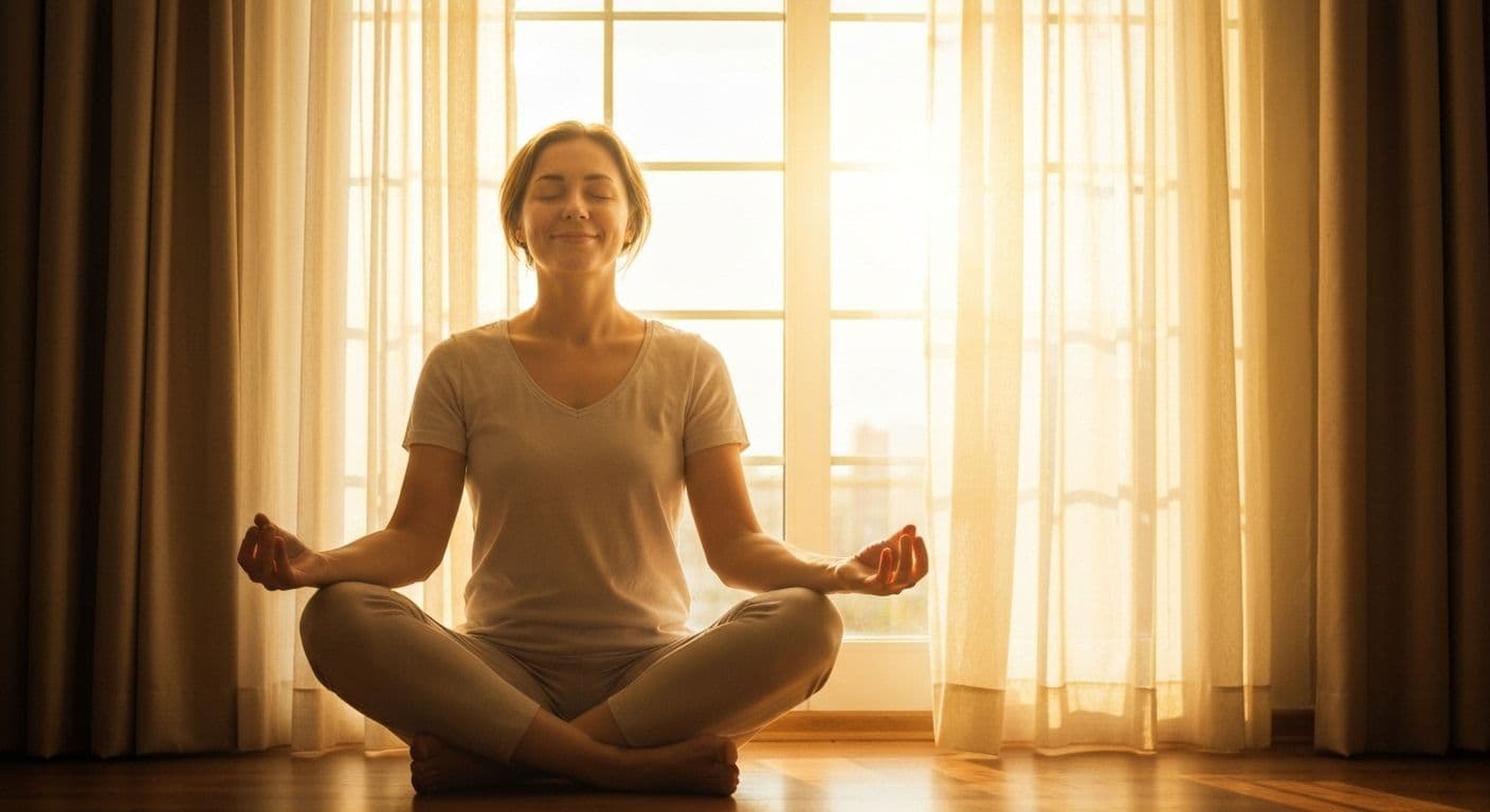 Person practicing pause breathe smile technique during peaceful morning routine with natural lighting
