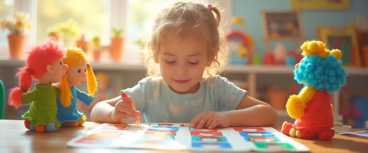 Mother and 5-year-old child practicing playful anger management techniques with emotion cards
