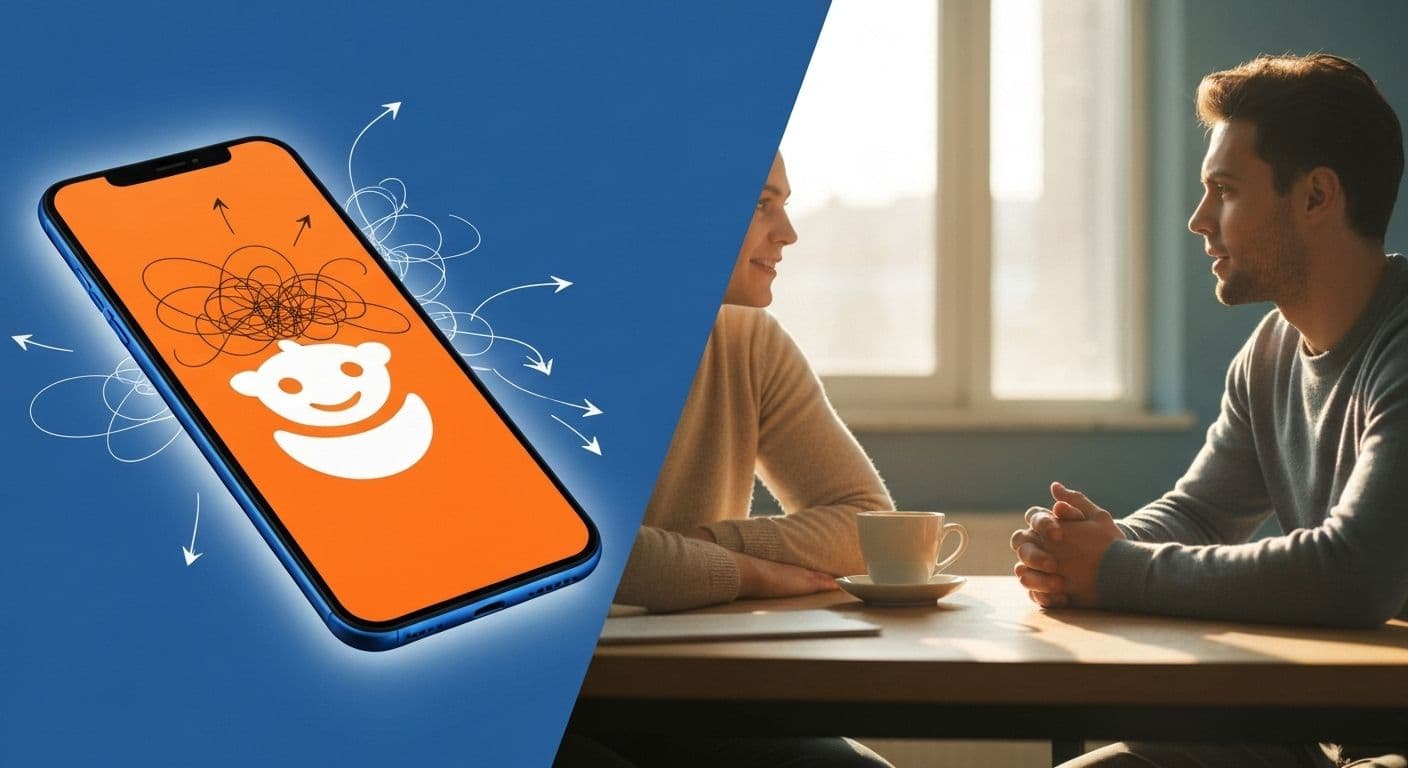 Person looking at phone seeking reddit how to get over a breakup advice at night