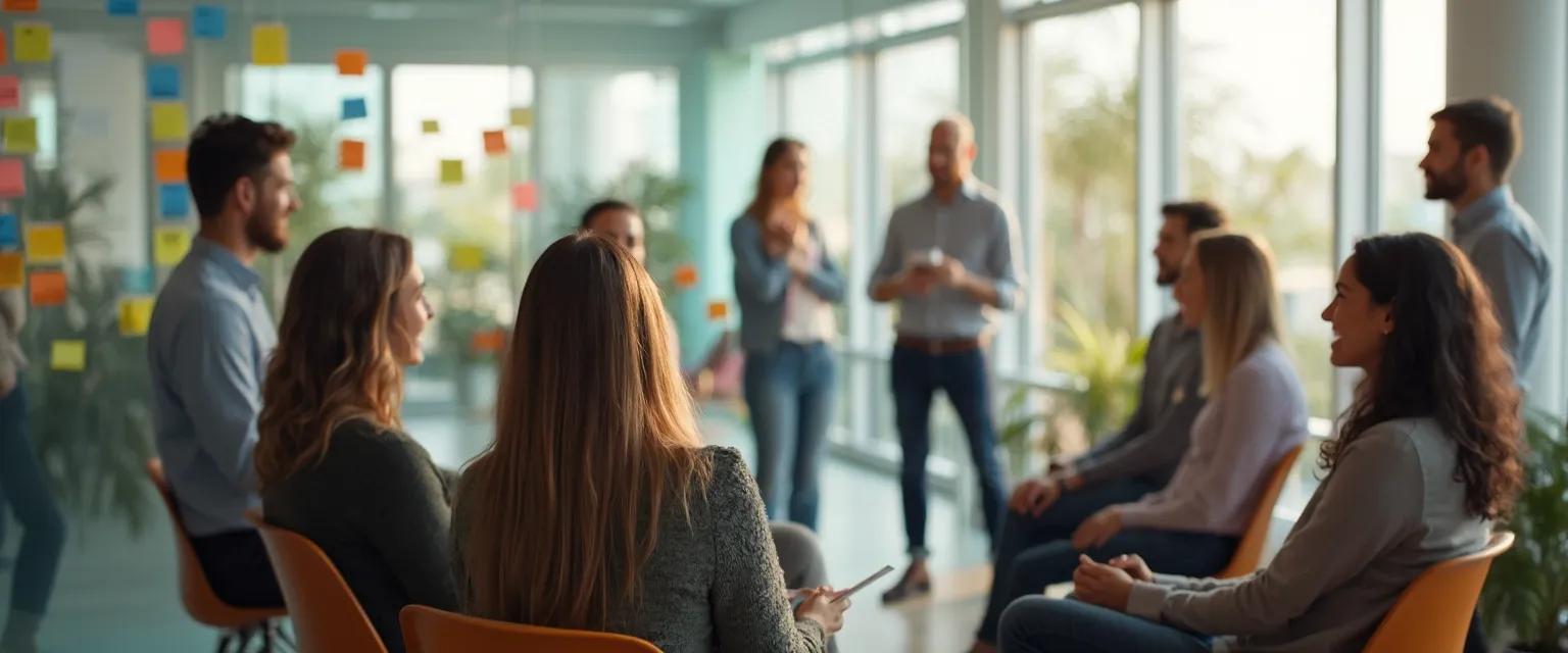 Team playing self-awareness social emotional learning games in a modern workplace setting