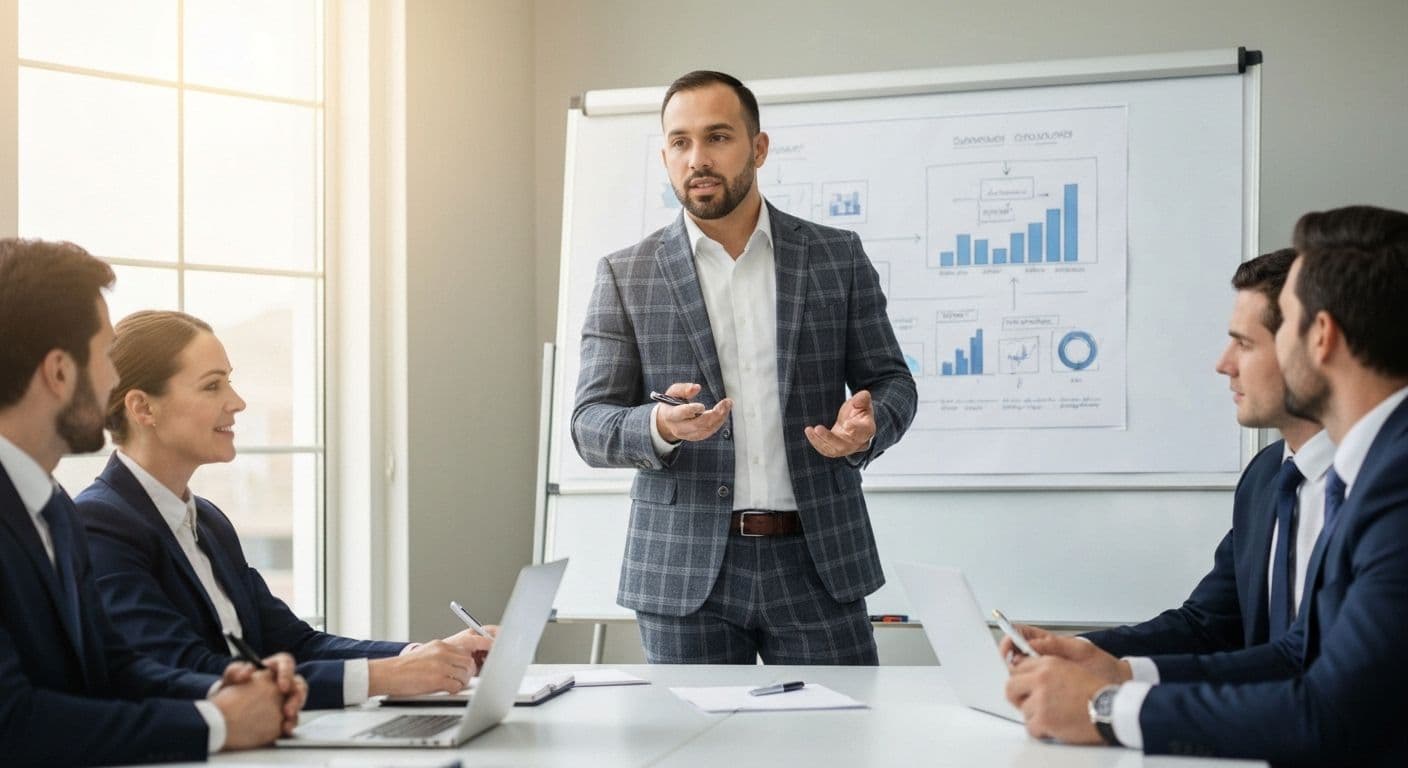 Manager practicing self-awareness management skills during team meeting to improve leadership effectiveness