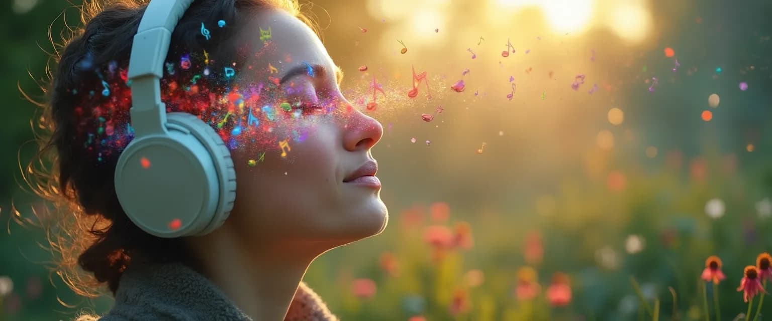 Person with headphones experiencing positive mind transformation through music